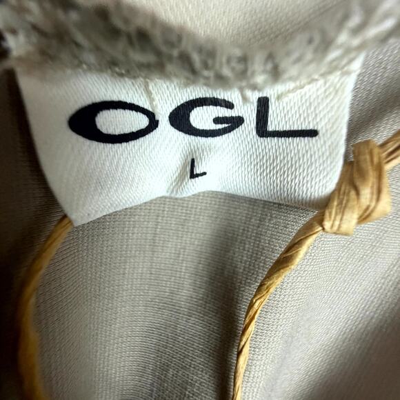 OGL Move Top Womens Large Beige Icy Ponte Flap Collar Surplice Drawstring Tie - Picture 4 of 6